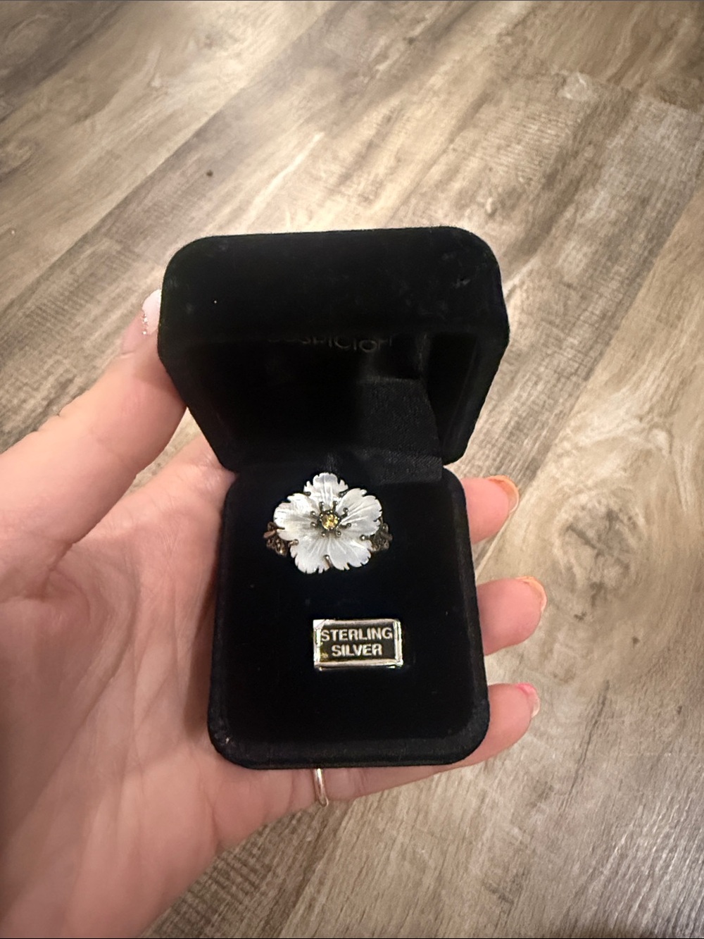 Sterling Silver White Enamel Flower Ring with Gold Accents